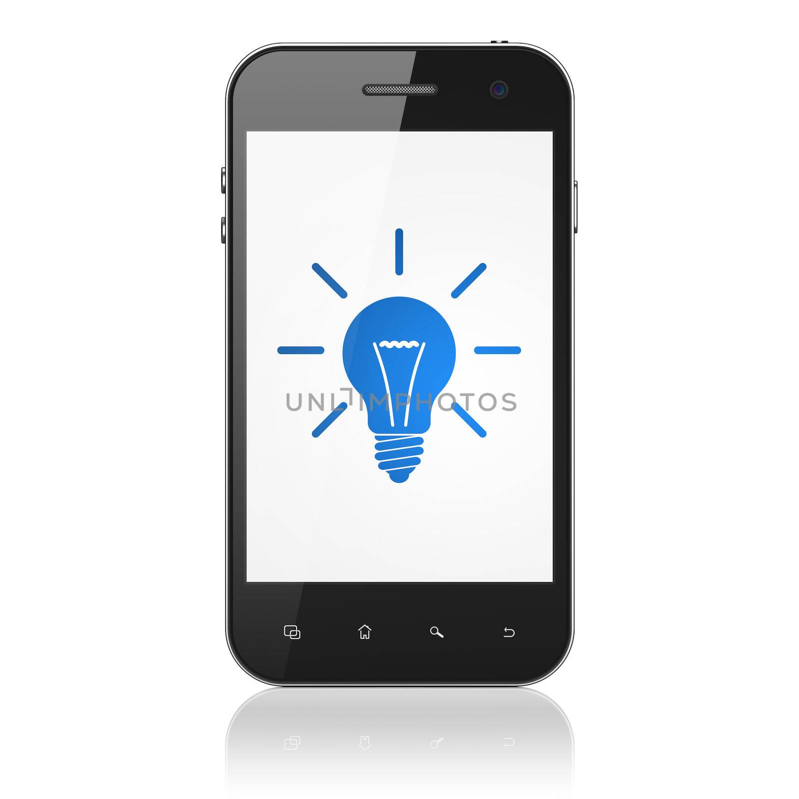 Business concept: smartphone with Light Bulb icon on display. Mobile smart phone on White background, cell phone 3d render