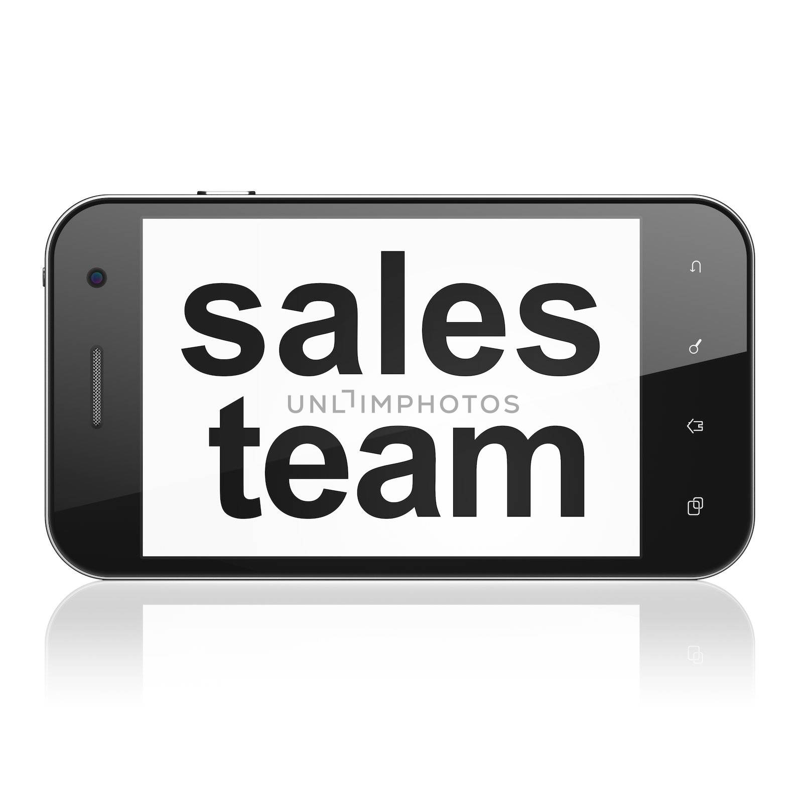 Marketing concept: smartphone with text Sales Team on display. Mobile smart phone on White background, cell phone 3d render