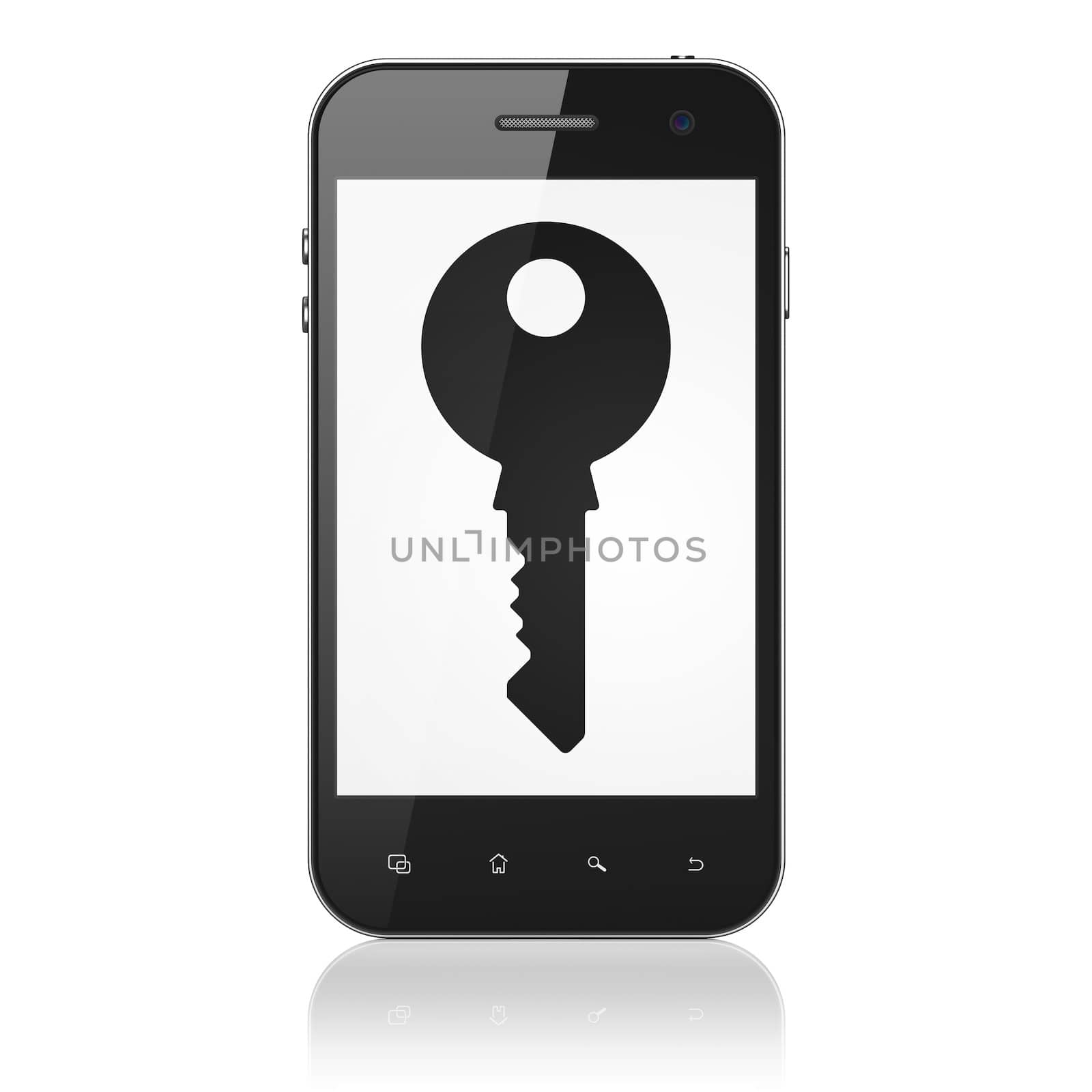 Protection concept: Key on smartphone by maxkabakov