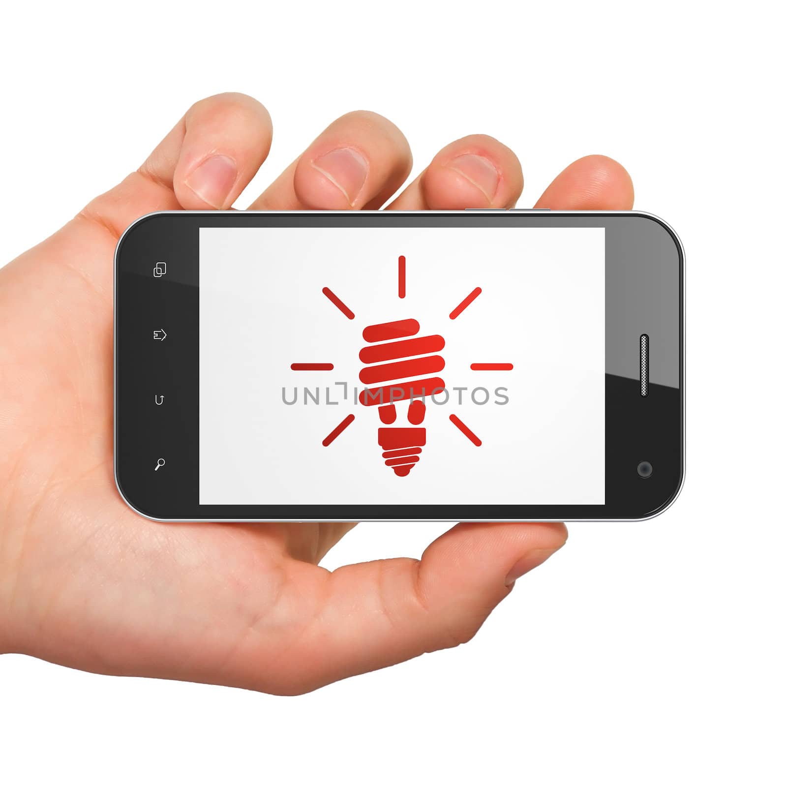 Finance concept: hand holding smartphone with Energy Saving Lamp on display. Mobile smart phone in hand on White background, 3d render