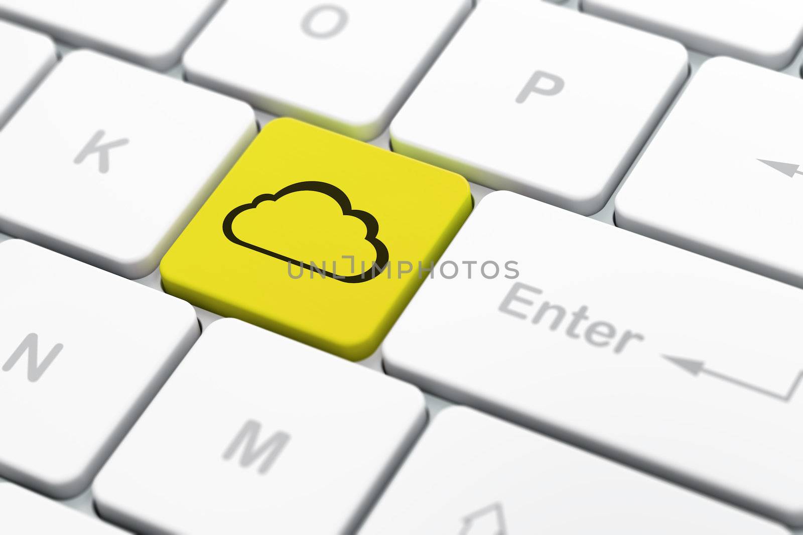 Cloud networking concept: computer keyboard with Cloud icon on enter button background, selected focus, 3d render