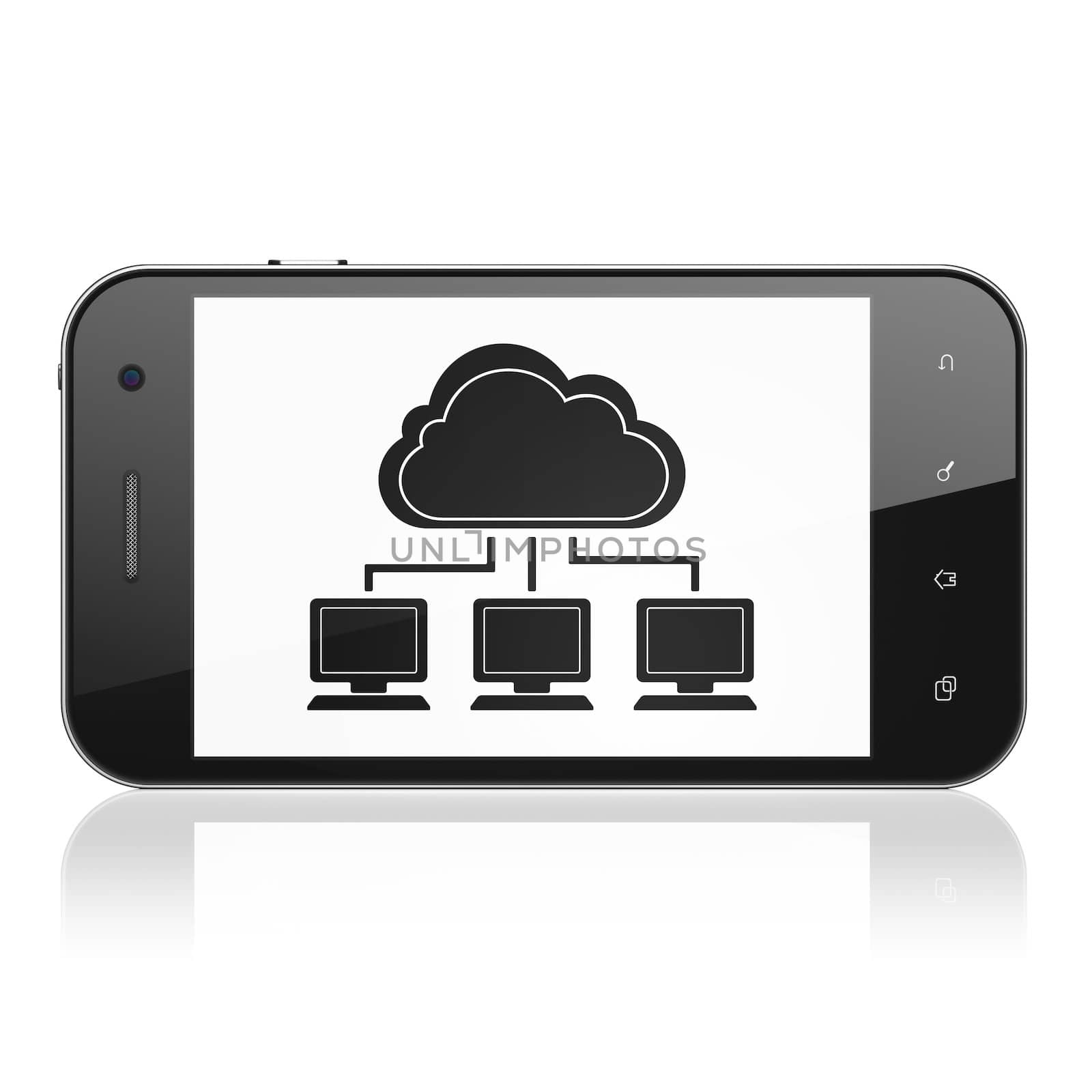 Cloud computing concept: smartphone with Cloud Network icon on display. Mobile smart phone on White background, cell phone 3d render