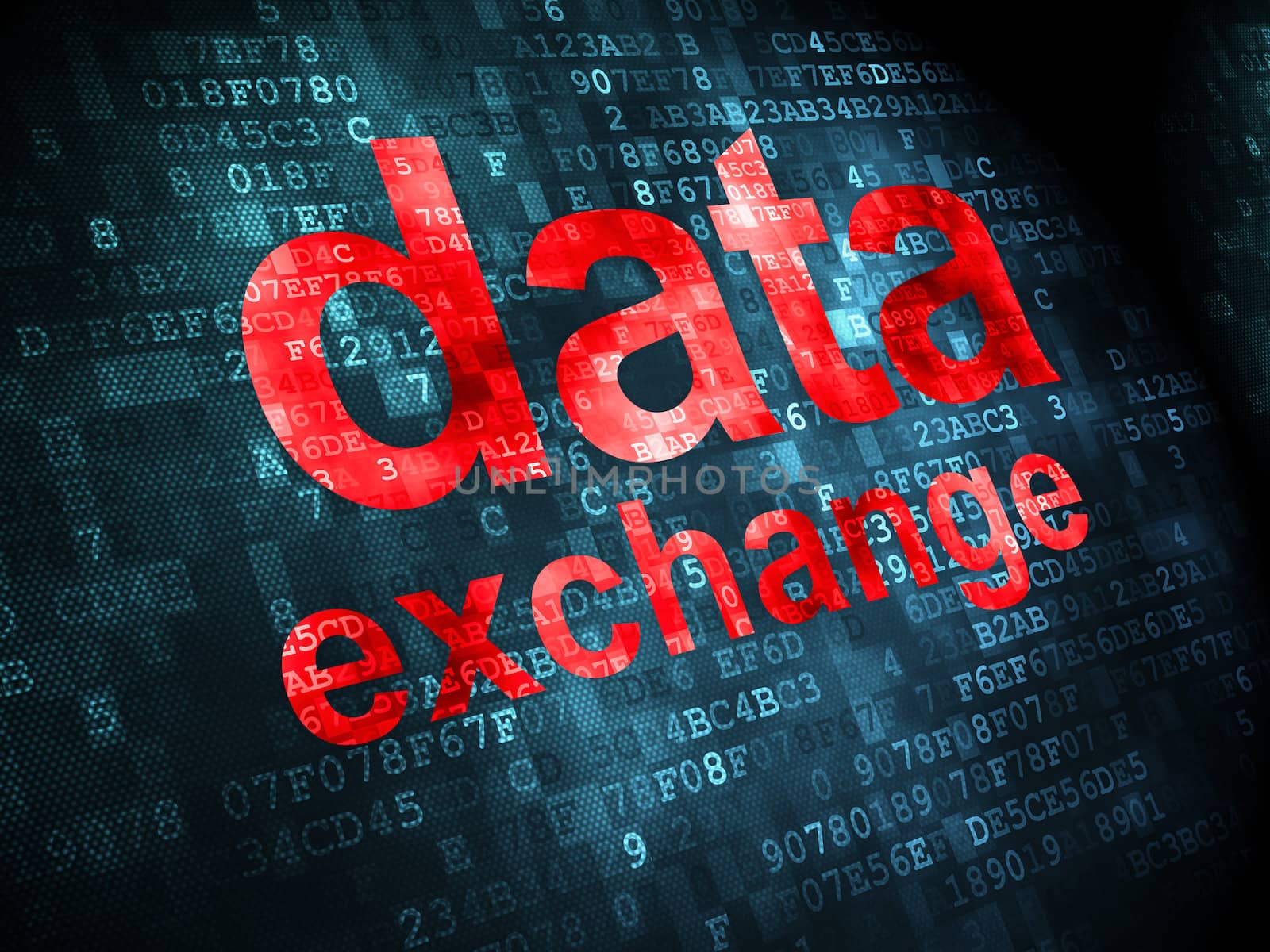 Data concept: pixelated words Data Exchange on digital background, 3d render