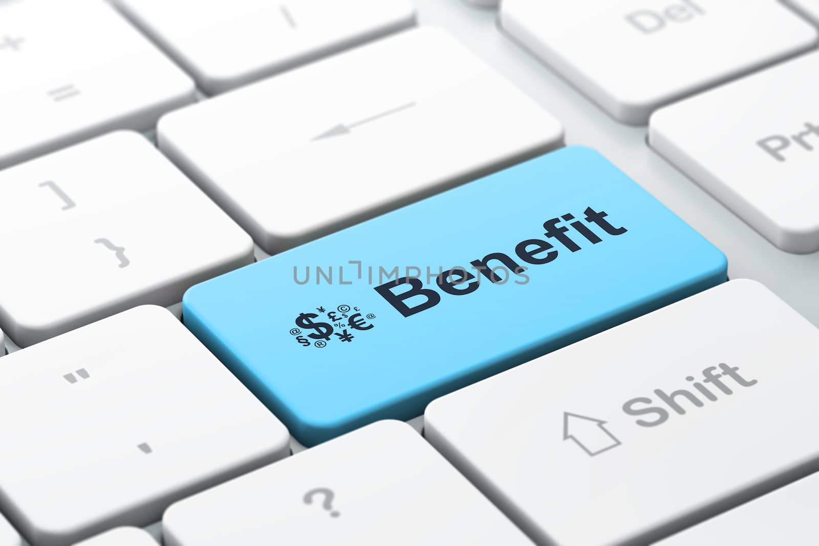Business business concept: computer keyboard with Finance Symbol icon and word Benefit, selected focus on enter button, 3d render