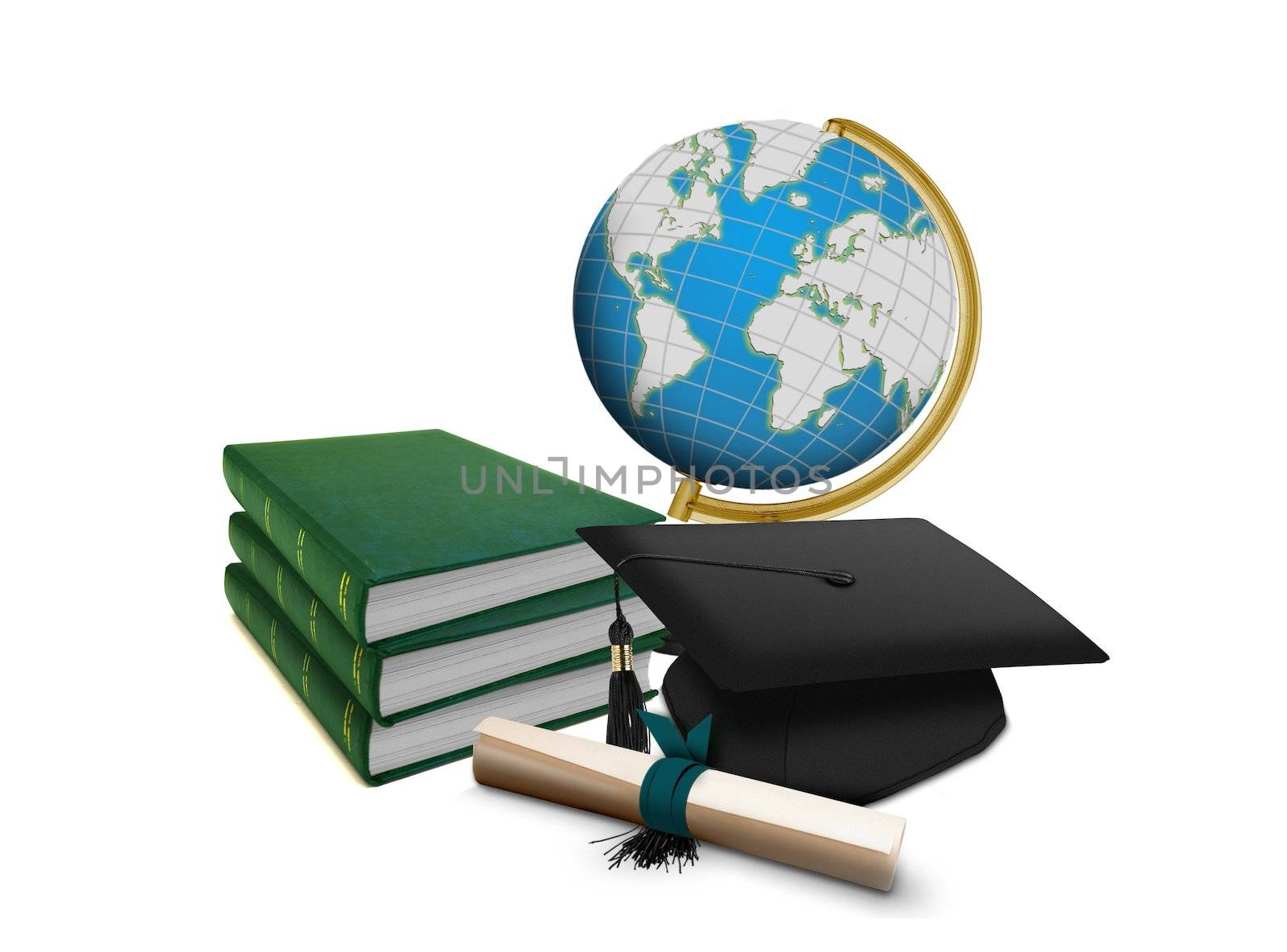 Mortarboard with Scroll and Stack of Books