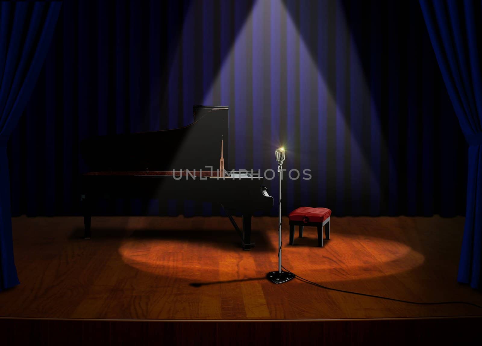 Piano and Microphone on Stage under Spotlights