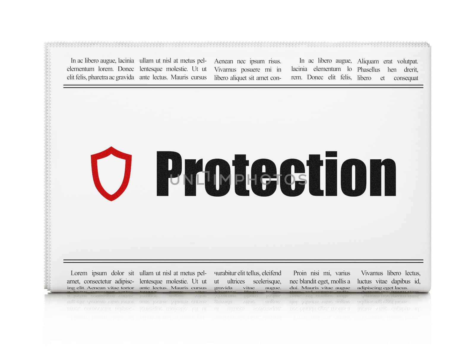 Security news concept: newspaper headline Protection and Contoured Shield icon on White background, 3d render