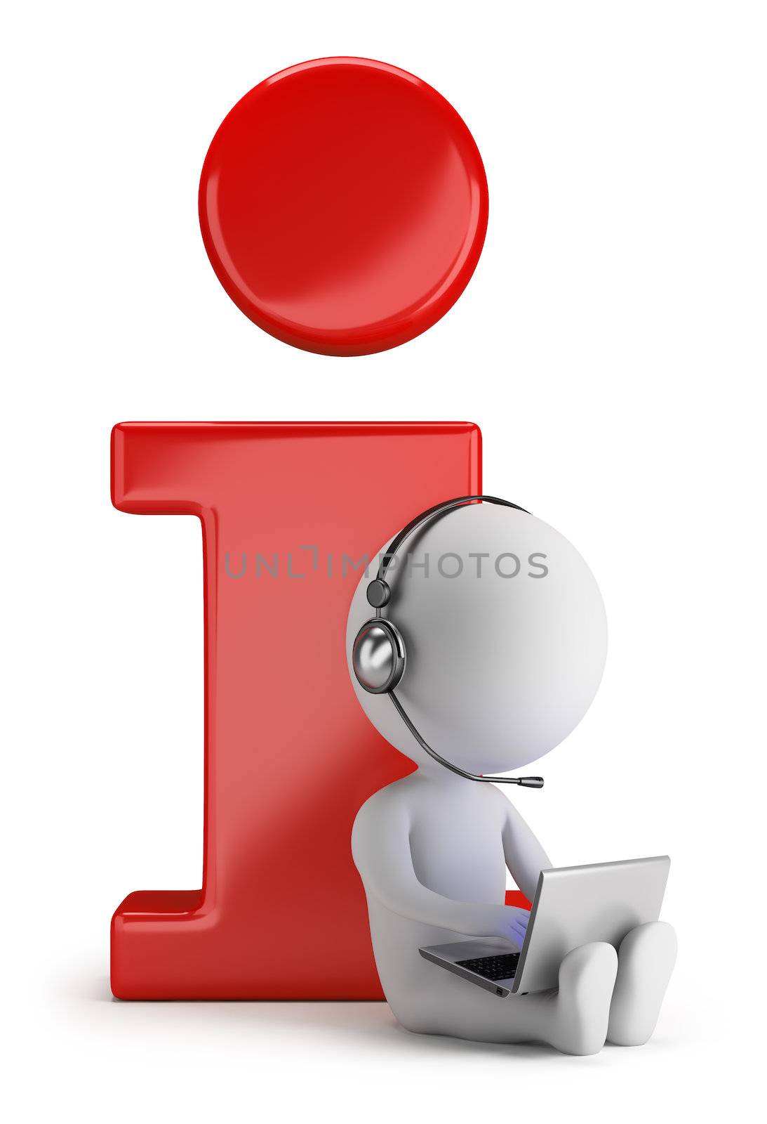 3d small person sitting next to the icon info from a laptop and headphones. 3d image. White background.