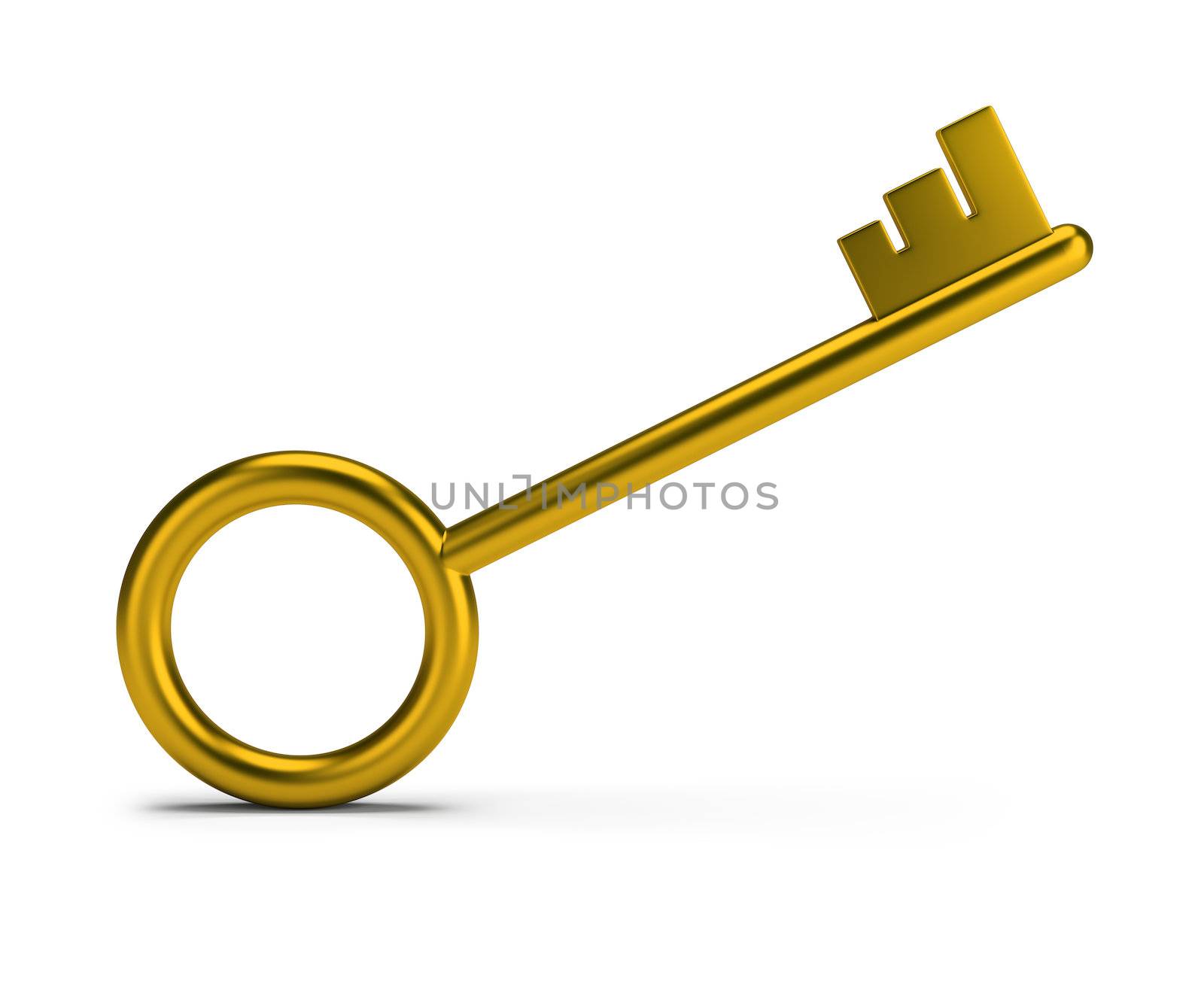 Stylish gold key. 3d image. White background.