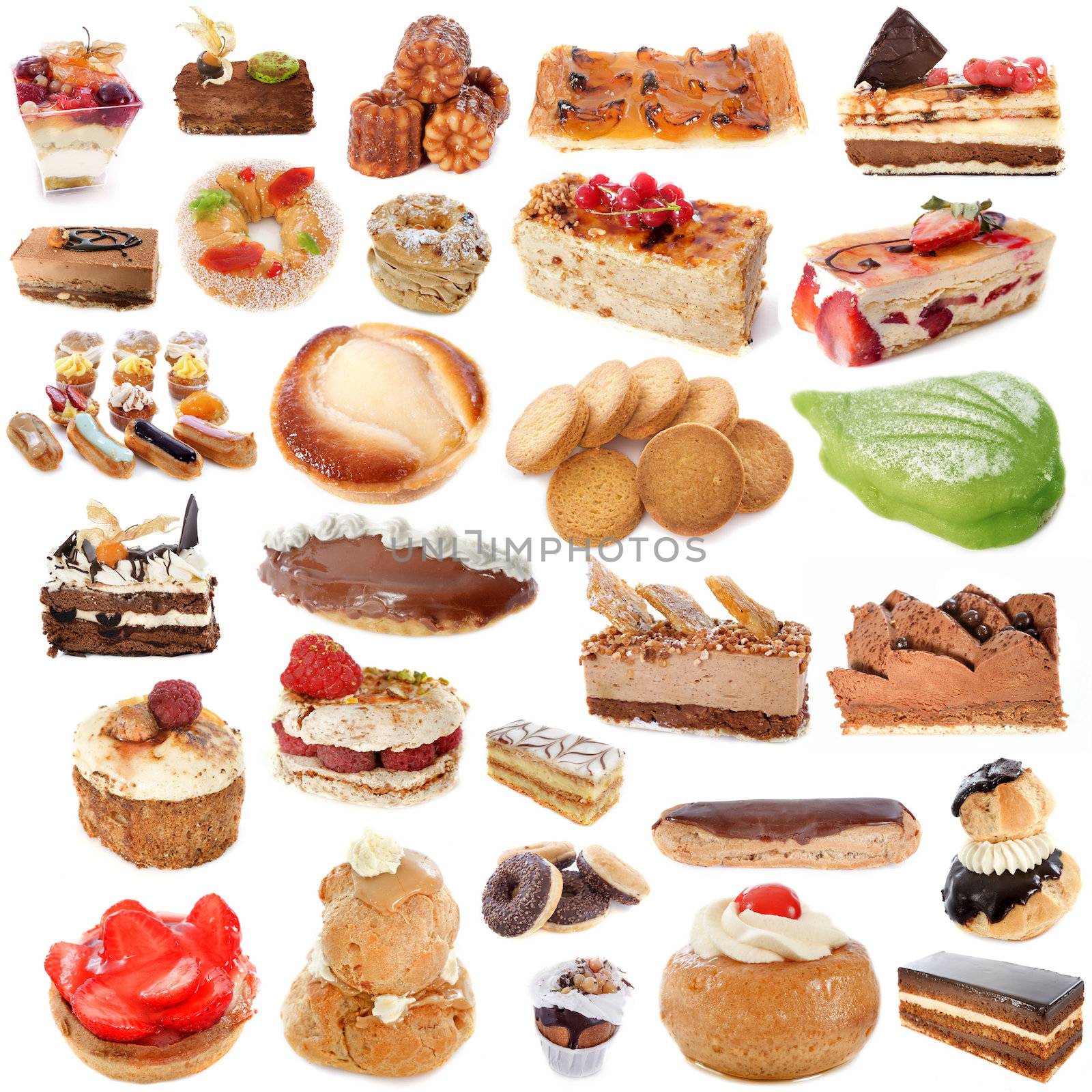 group of cakes in front of white background