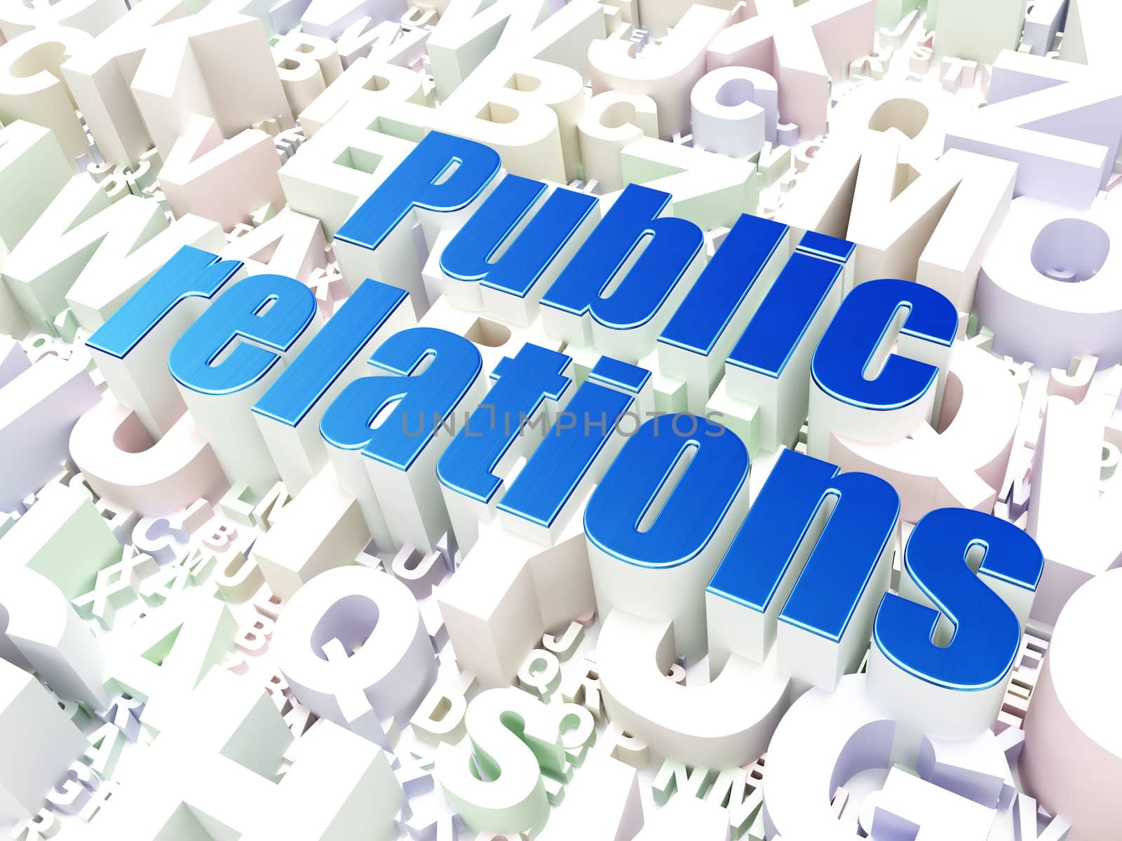 Marketing concept: Public Relations on alphabet  background, 3d render