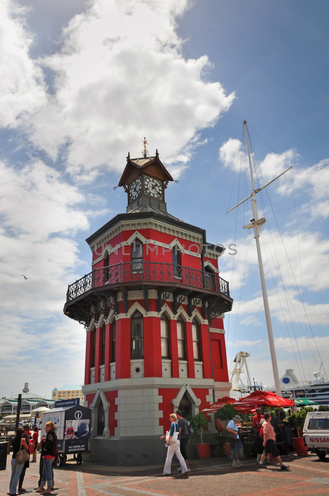 CAPE TOWN, SOUTH AFRICA - FEB 19: Clock tower in the Victoria and Alfred waterfront on Feb 19, 2009  in Cape Town, South Africa. It is built 1883 and is a popular tourist landmark.