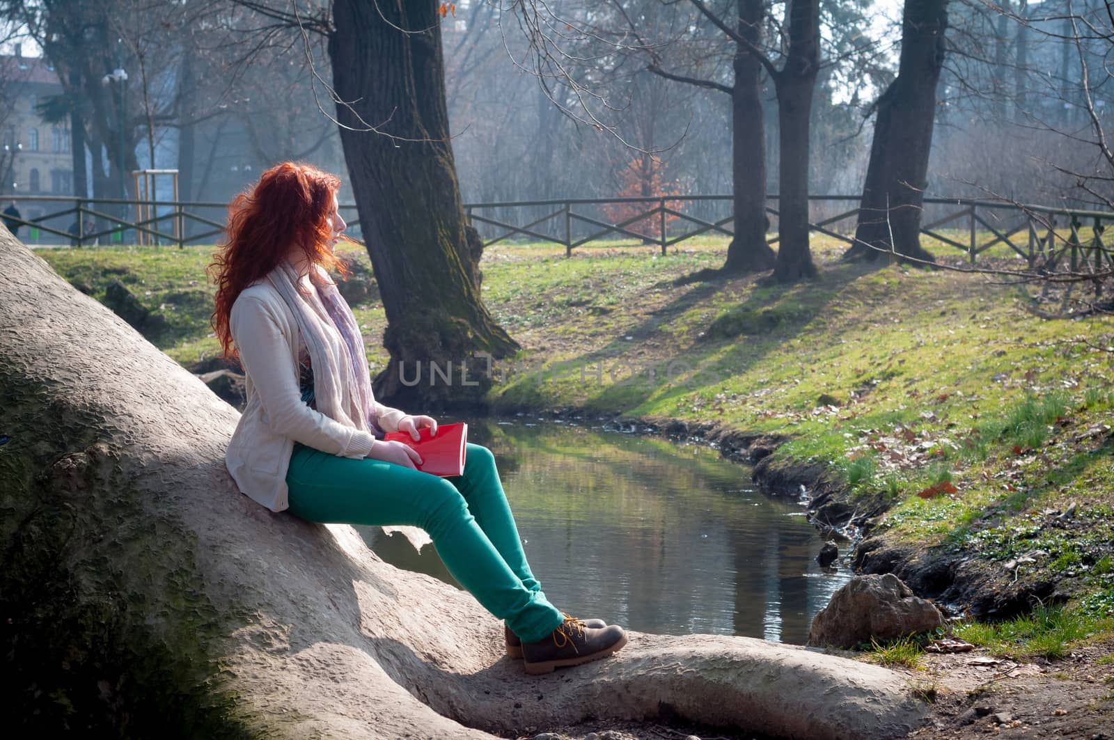 beautiful red head young woman reading book in the park