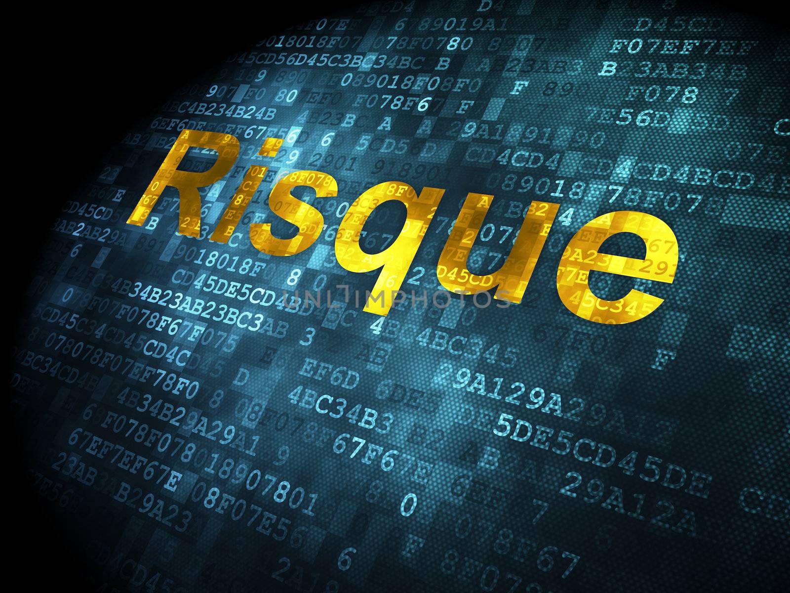 Finance concept: pixelated words Risque(french) on digital background, 3d render