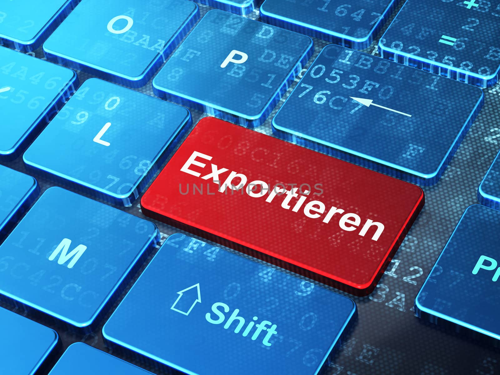 Finance concept: computer keyboard with word Exportieren(german) on enter button background, 3d render