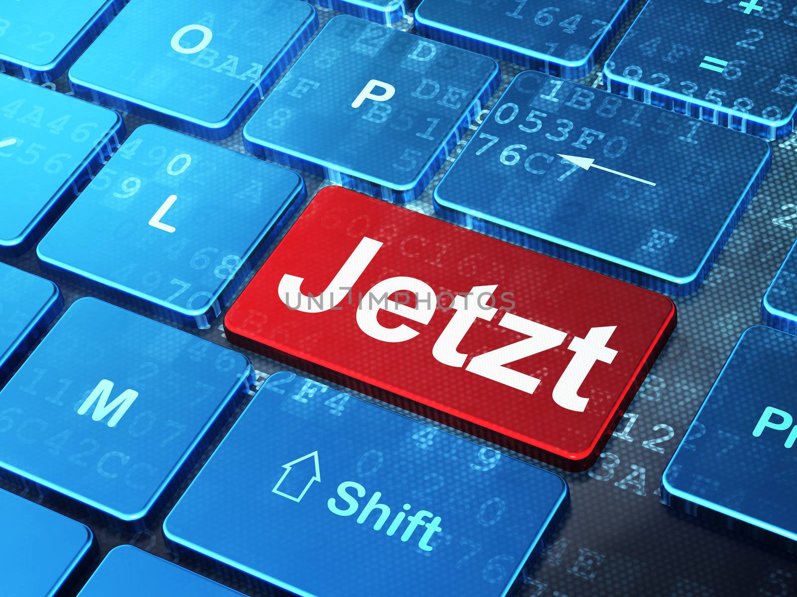 Timeline concept: computer keyboard with word Jetzt(german) on enter button background, 3d render