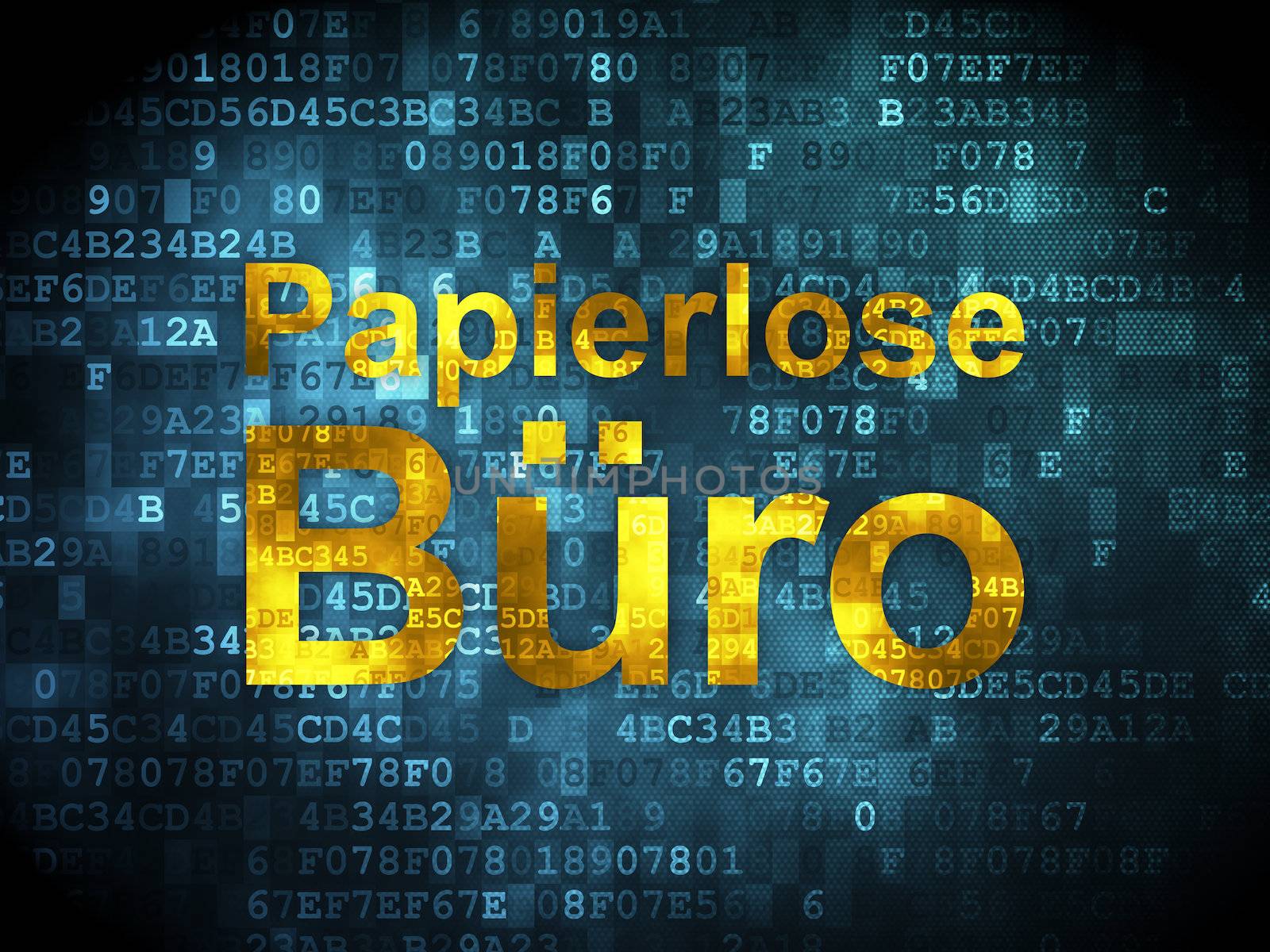 Business concept: pixelated words Papierlose Buro(german) on digital background, 3d render