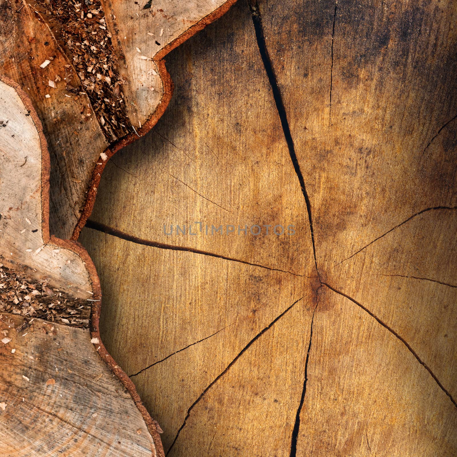 Wooden background with trunk section and shadows