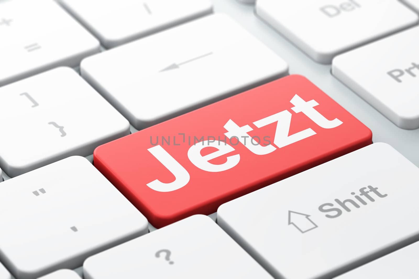 Time concept: computer keyboard with word Jetzt(german), selected focus on enter button background, 3d render