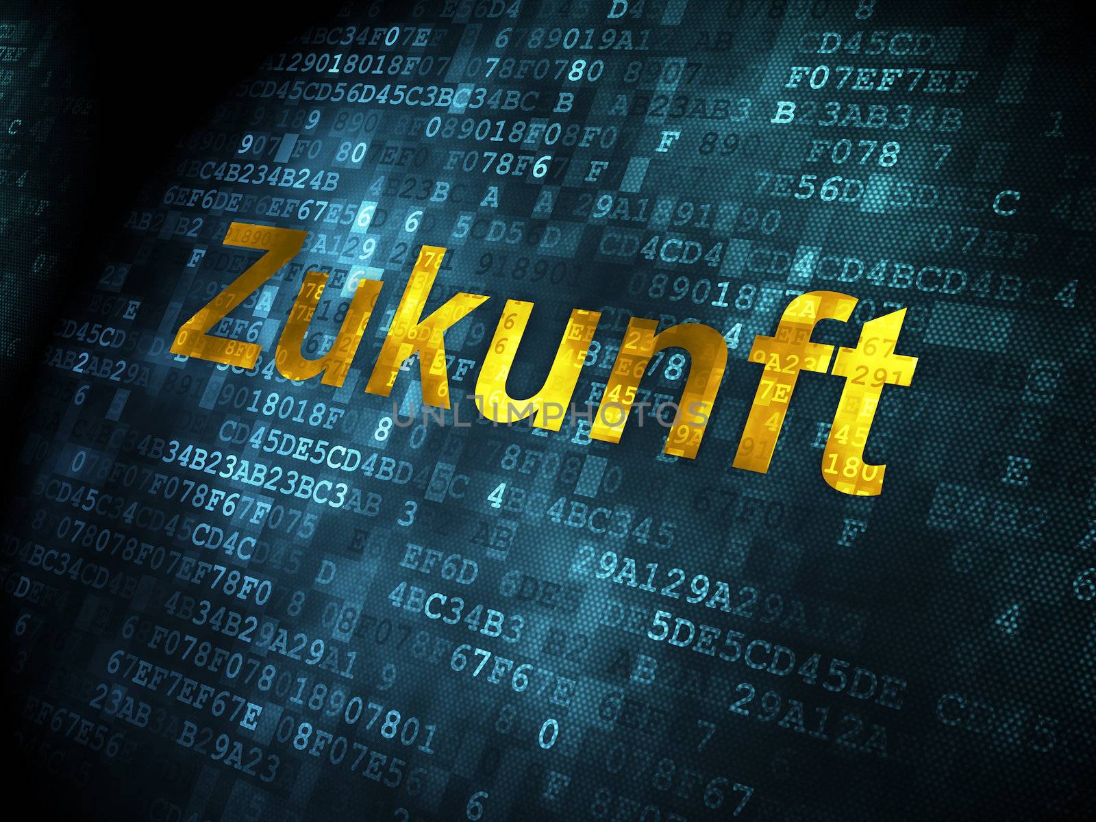 Time concept: pixelated words Zukunft(german) on digital background, 3d render
