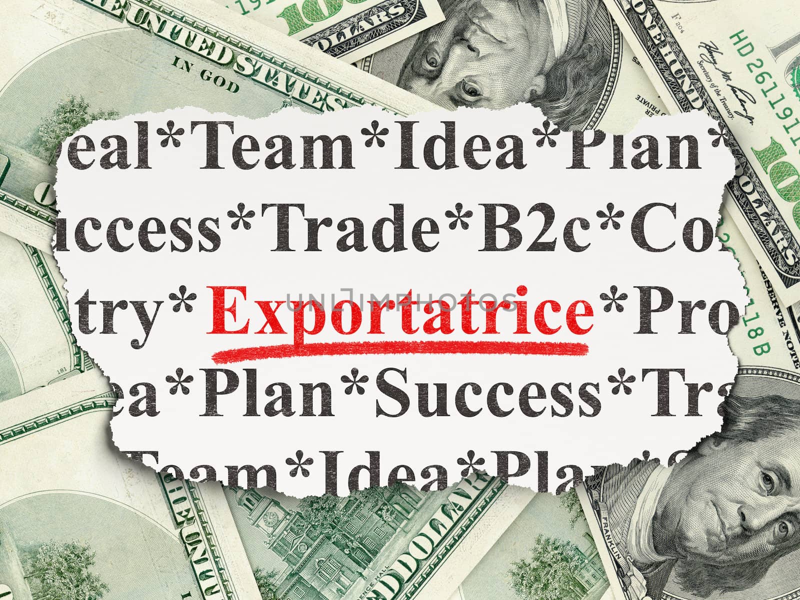 Business concept: torn newspaper with words Exportatrice(french) on Money background, 3d render