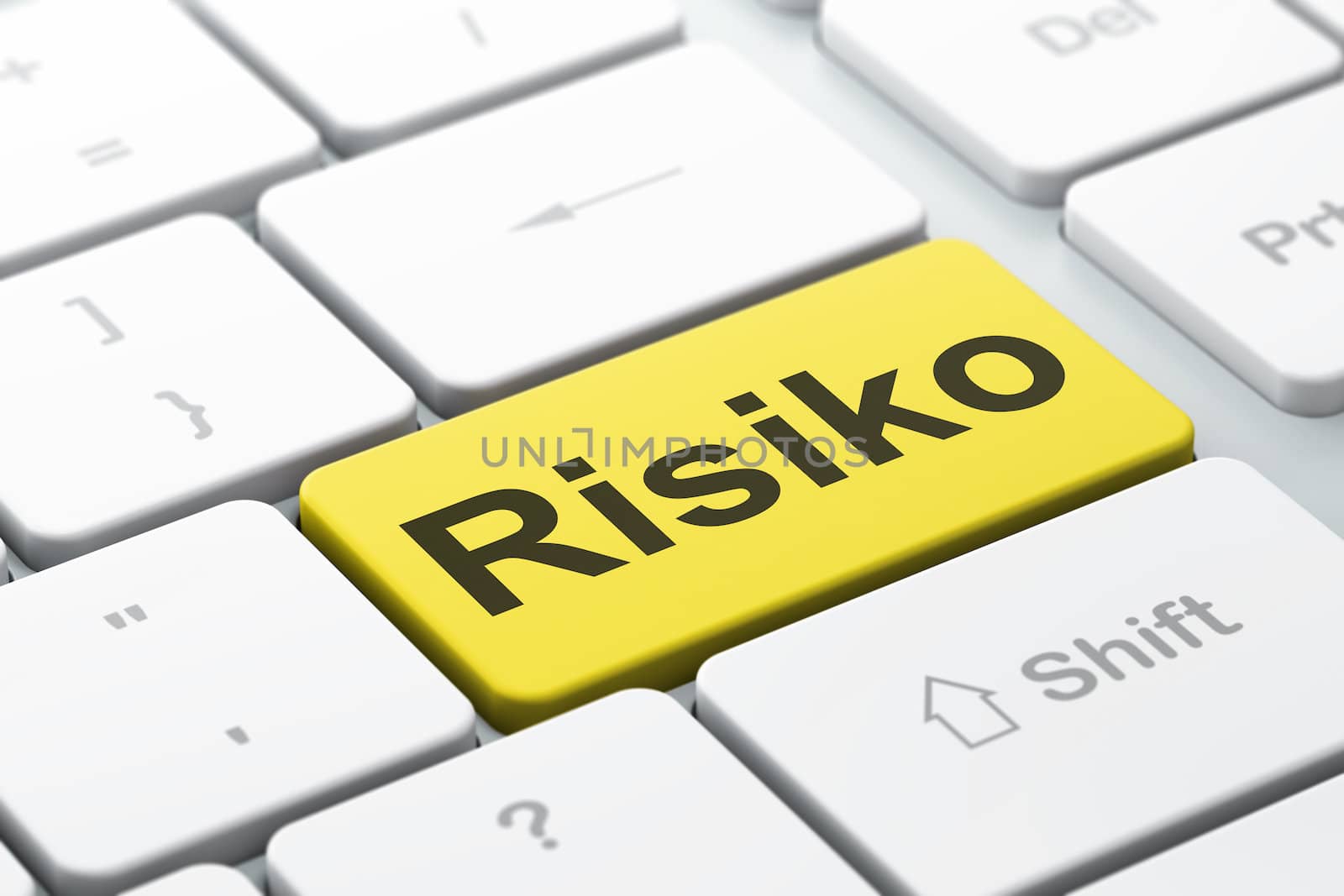 Finance concept: computer keyboard with word Risiko(german), selected focus on enter button background, 3d render