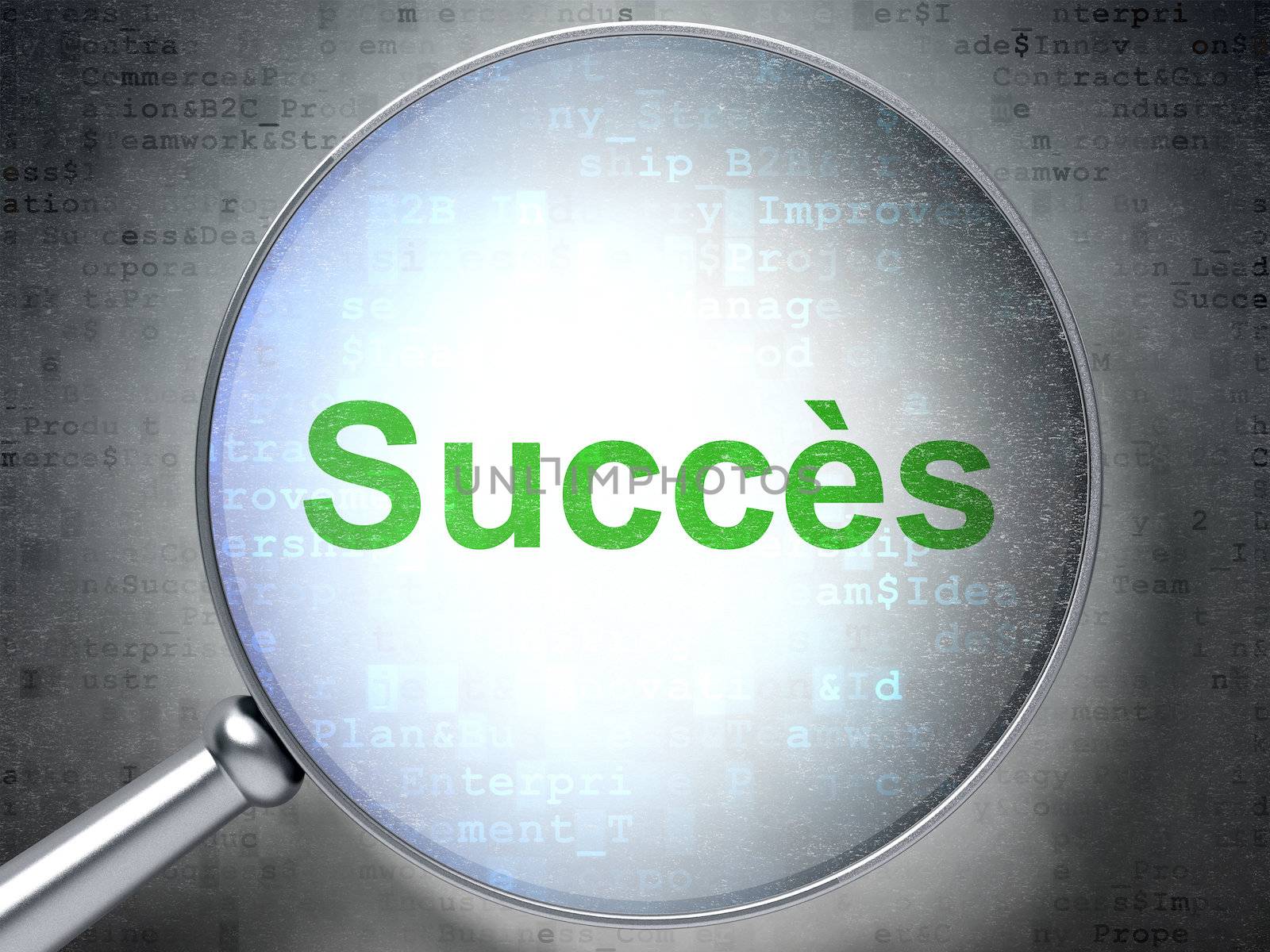 Magnifying optical glass with words Succes(french) on digital background, 3d render