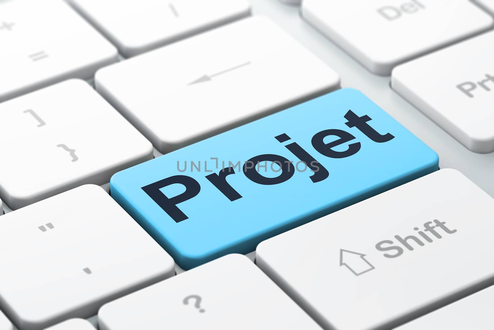 Finance concept: computer keyboard with word Projet(french), selected focus on enter button background, 3d render