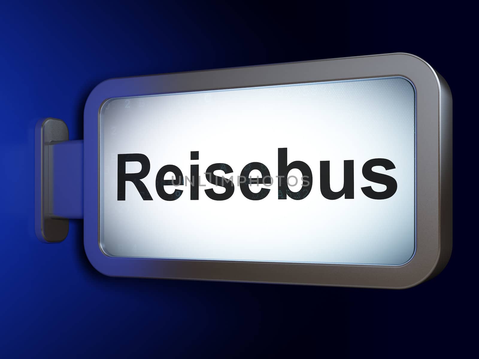 Education concept: Reisebus(german) on advertising billboard background, 3d render