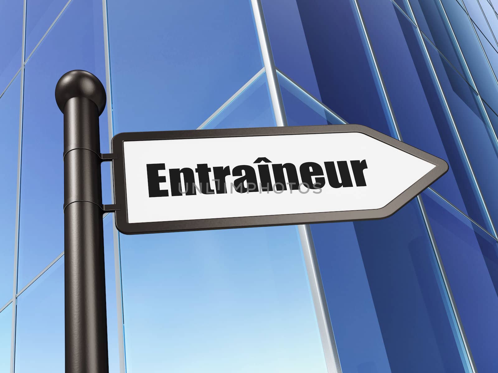 Education concept: Entraineur(french) on Building background, 3d render