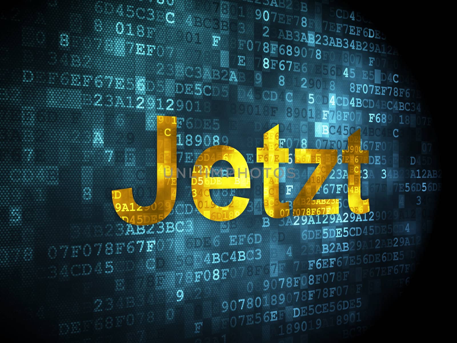 Timeline concept: pixelated words Jetzt(german) on digital background, 3d render