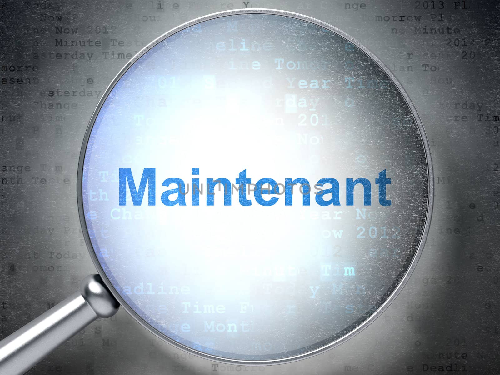 Magnifying optical glass with words Maintenant(french) on digital background, 3d render