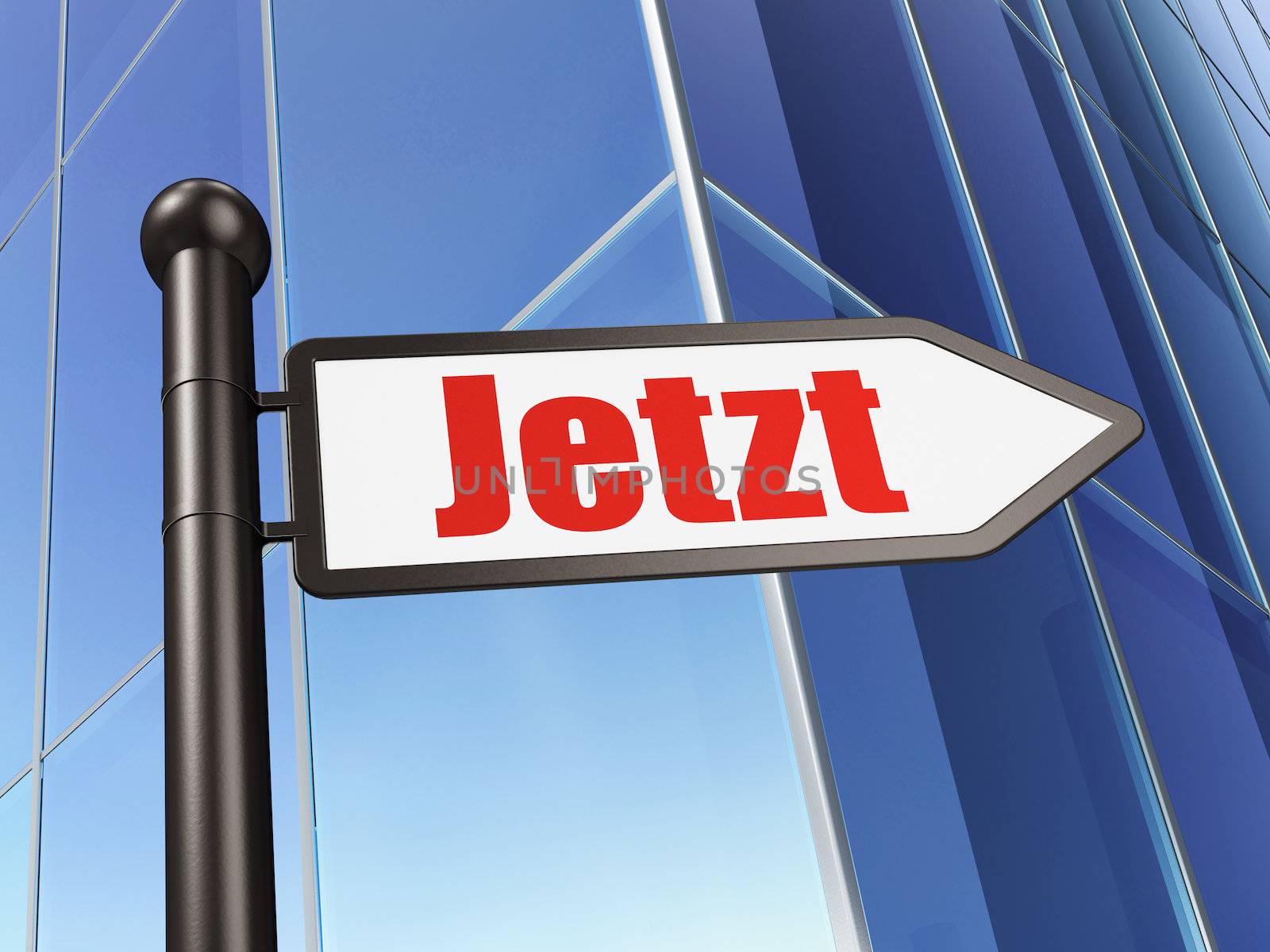 Timeline concept: Jetzt(german) on Building background, 3d render