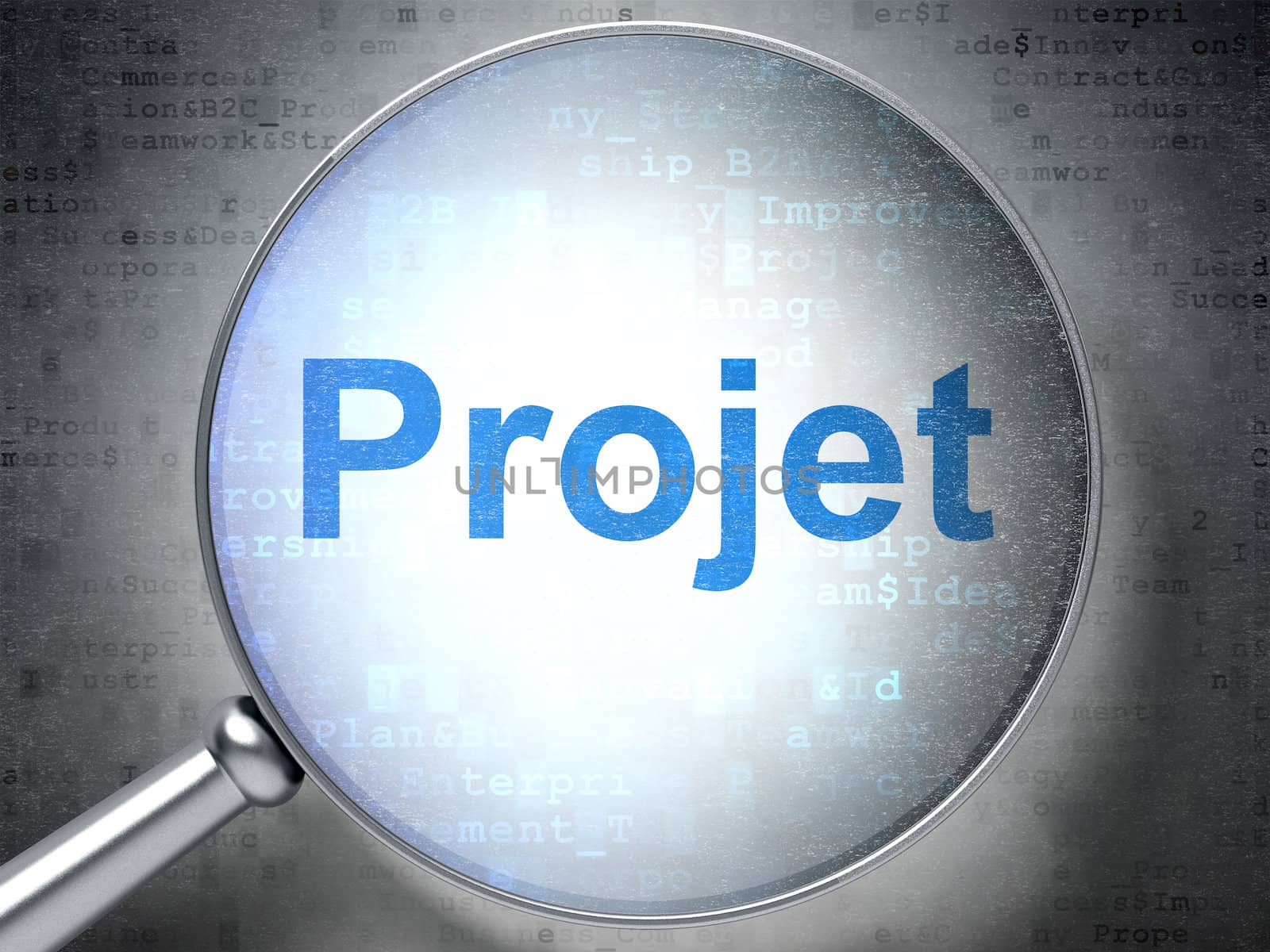 Magnifying optical glass with words Projet(french) on digital background, 3d render