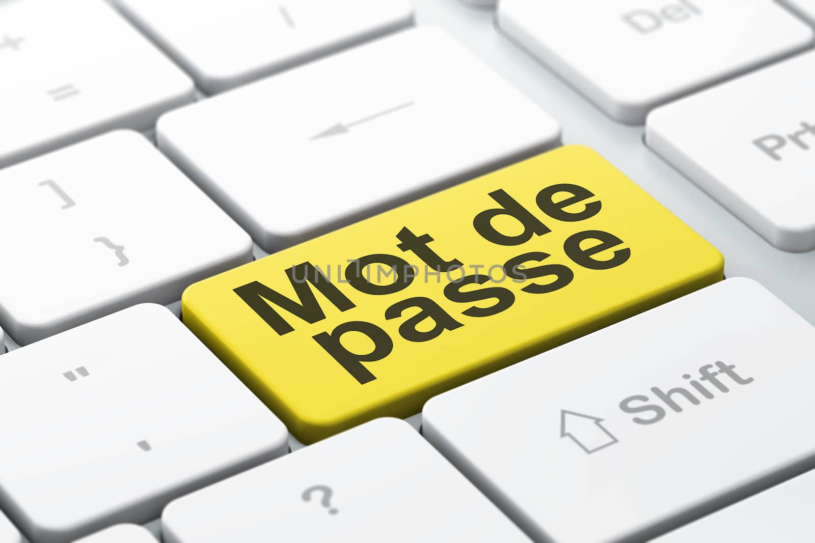 Safety concept: computer keyboard with word Mot de Passe(french), selected focus on enter button background, 3d render