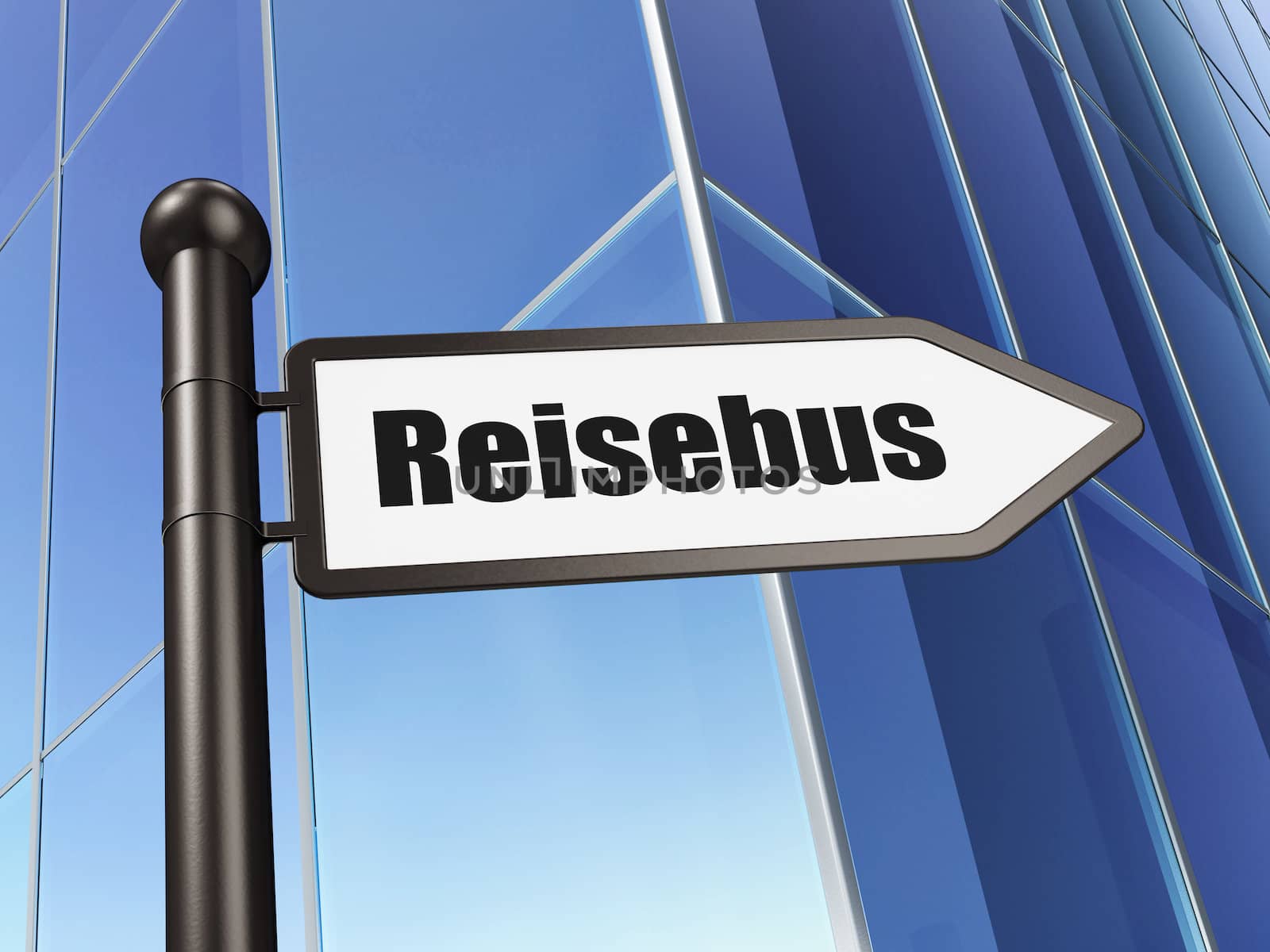 Education concept: Reisebus(german) on Building background, 3d render