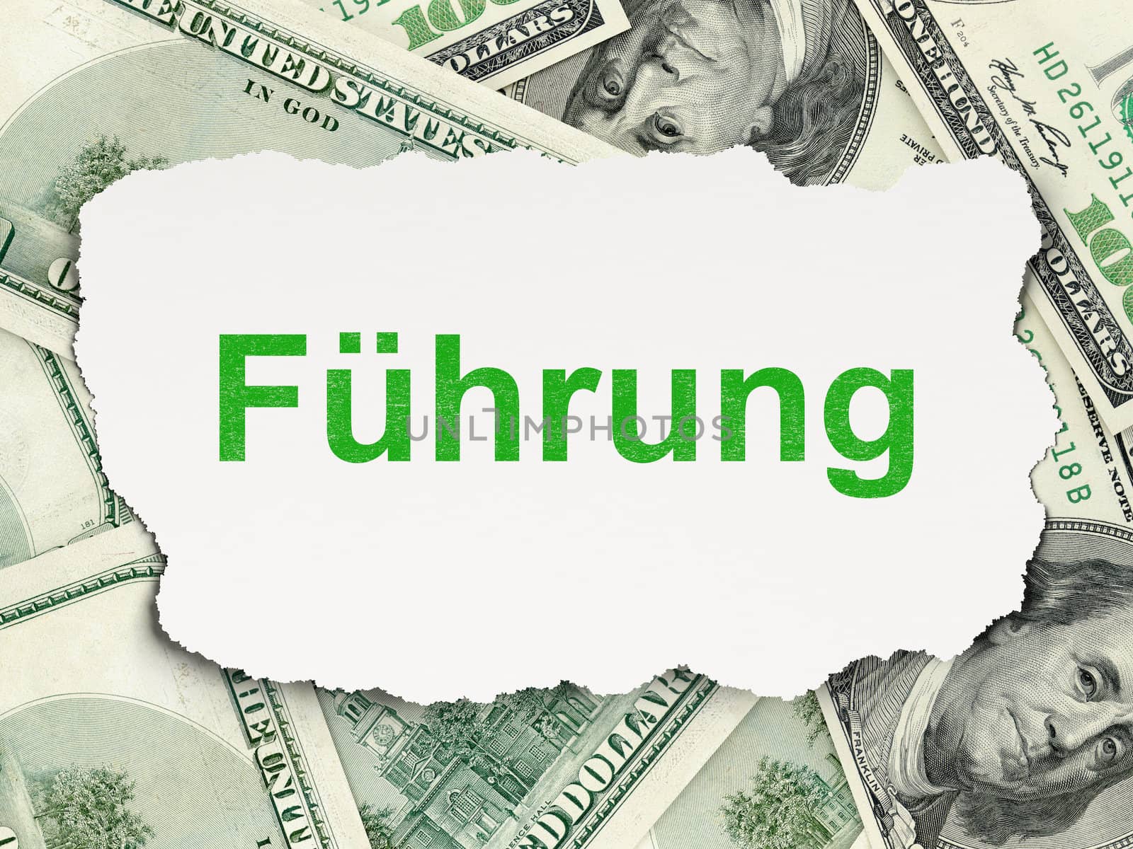 Finance concept: torn paper with words Fuhrung(german) on Money background, 3d render