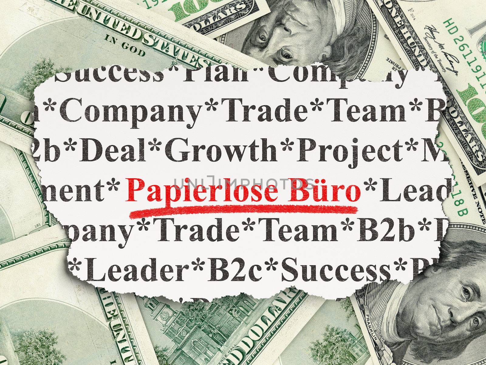 Business concept: torn newspaper with words Papierlose Buro(german) on Money background, 3d render