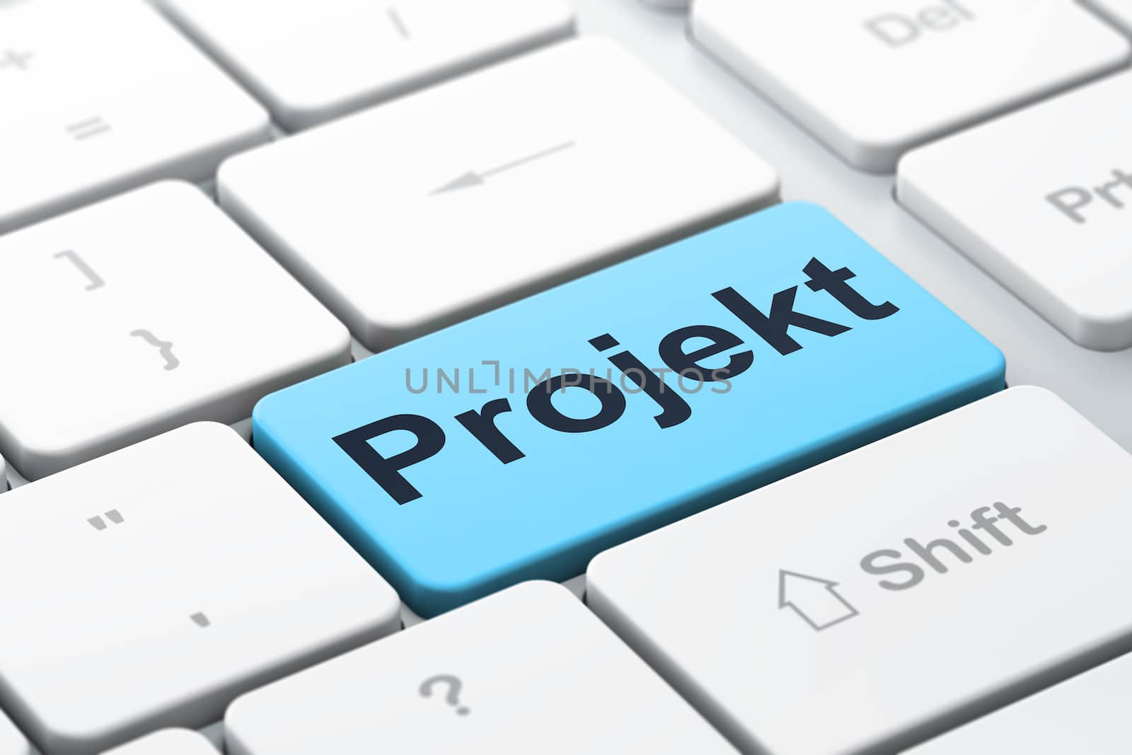 Finance concept: computer keyboard with word Projekt(german), selected focus on enter button background, 3d render