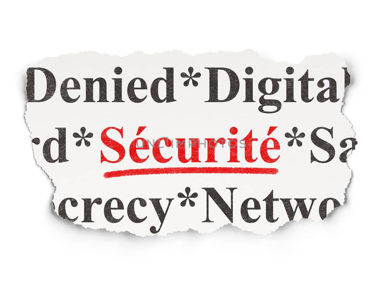 Privacy concept: torn newspaper with words Securite(french) on Paper background, 3d render