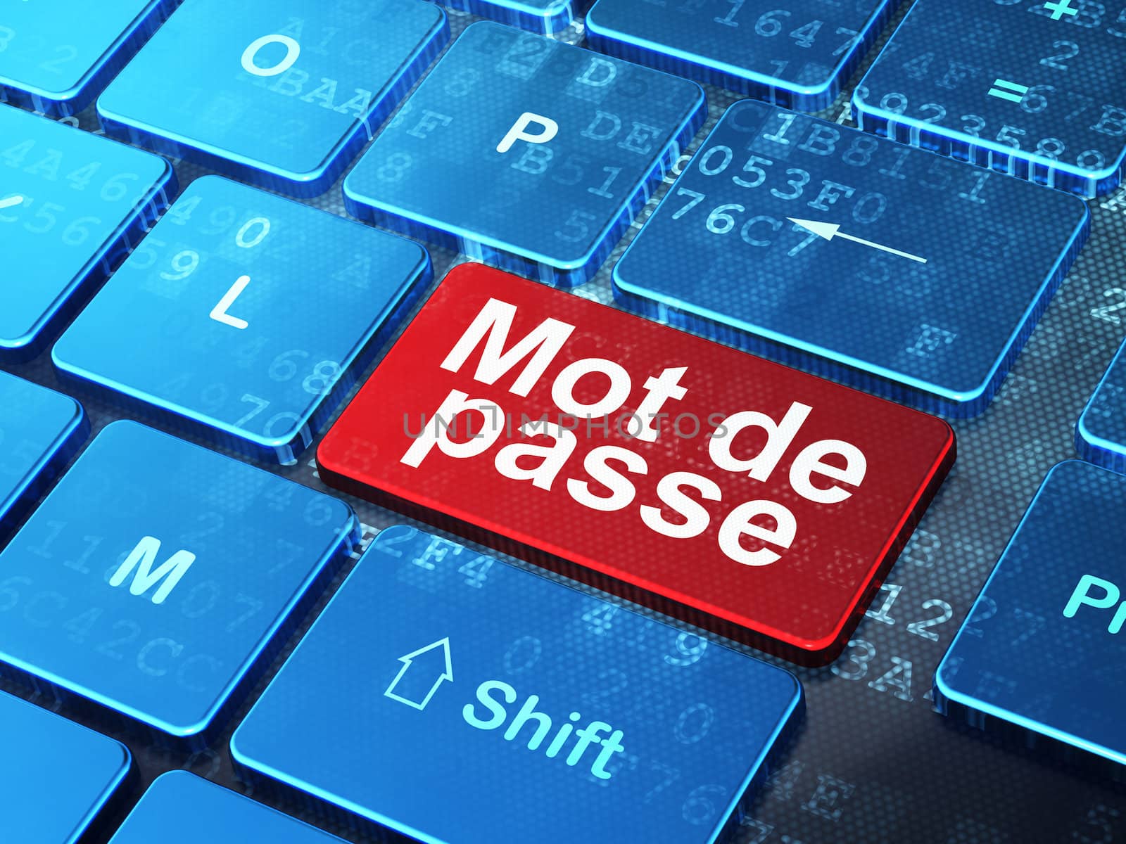 Security concept: computer keyboard with word Mot de Passe(french) on enter button background, 3d render