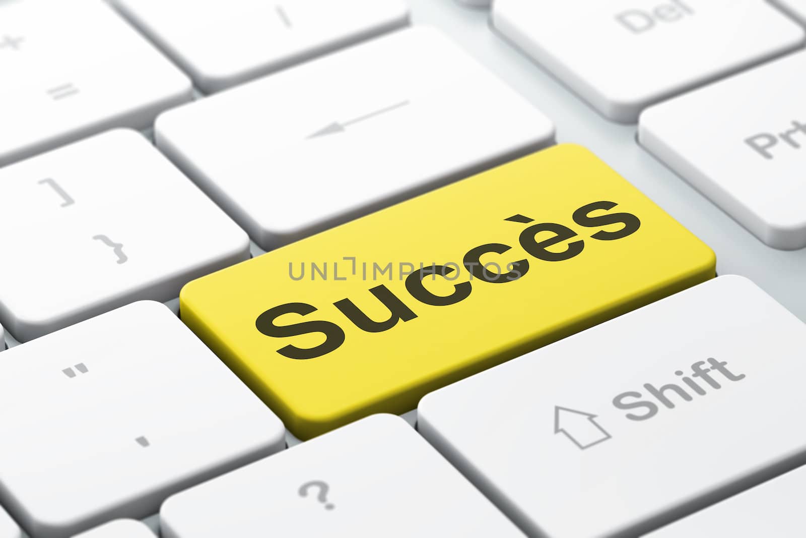 Finance concept: computer keyboard with word Succes(french), selected focus on enter button background, 3d render