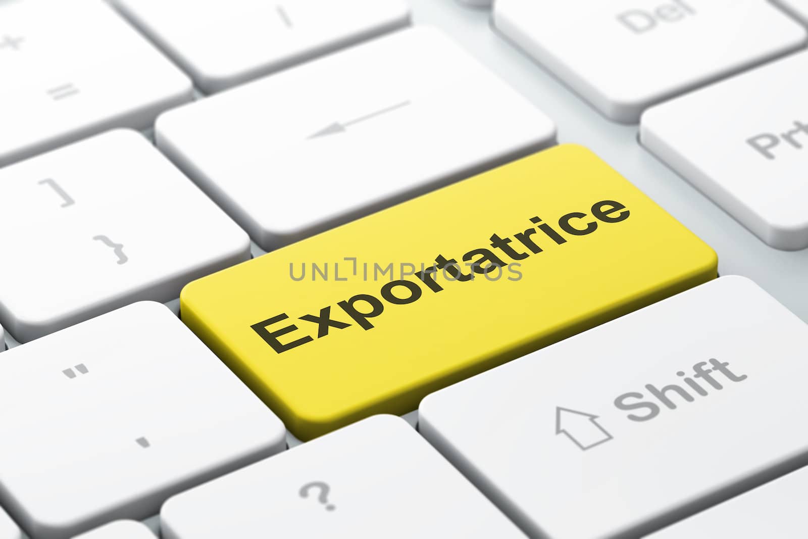 Business concept: computer keyboard with word Exportatrice(french), selected focus on enter button background, 3d render