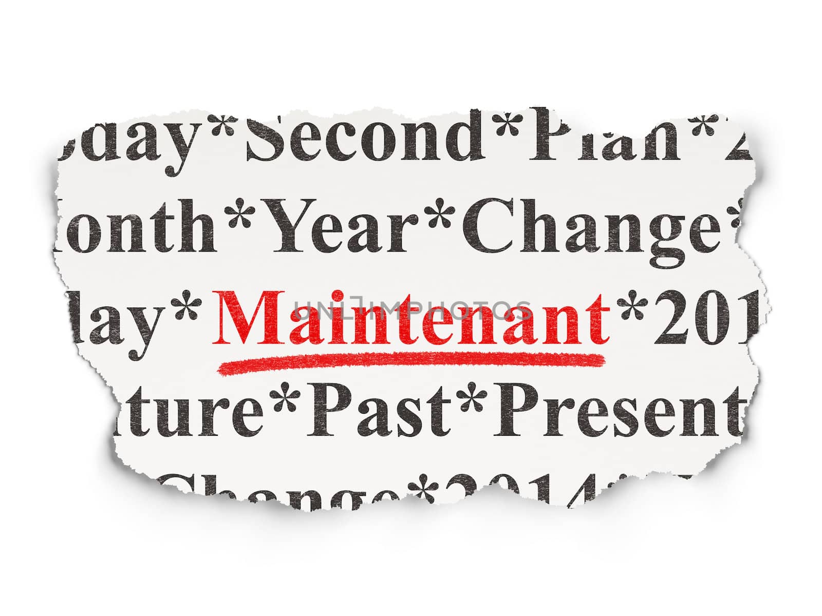Timeline concept: torn newspaper with words Maintenant(french) on Paper background, 3d render