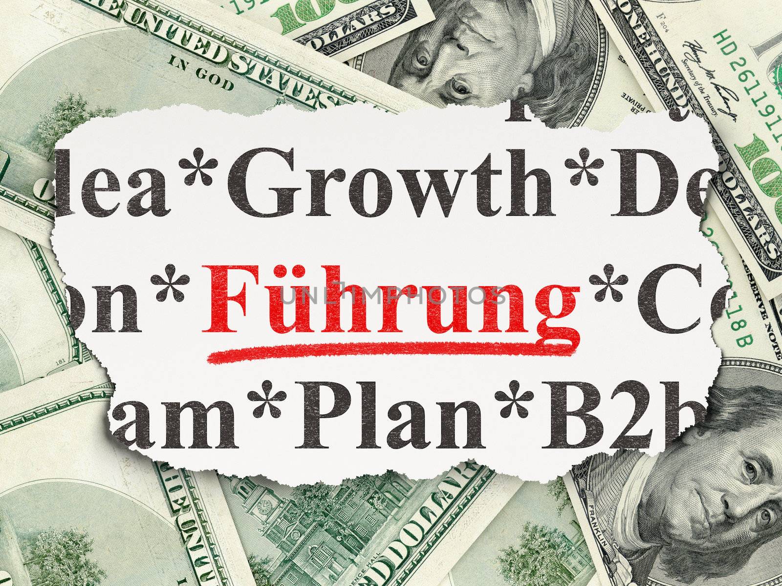 Finance concept: torn newspaper with words Fuhrung(german) on Money background, 3d render
