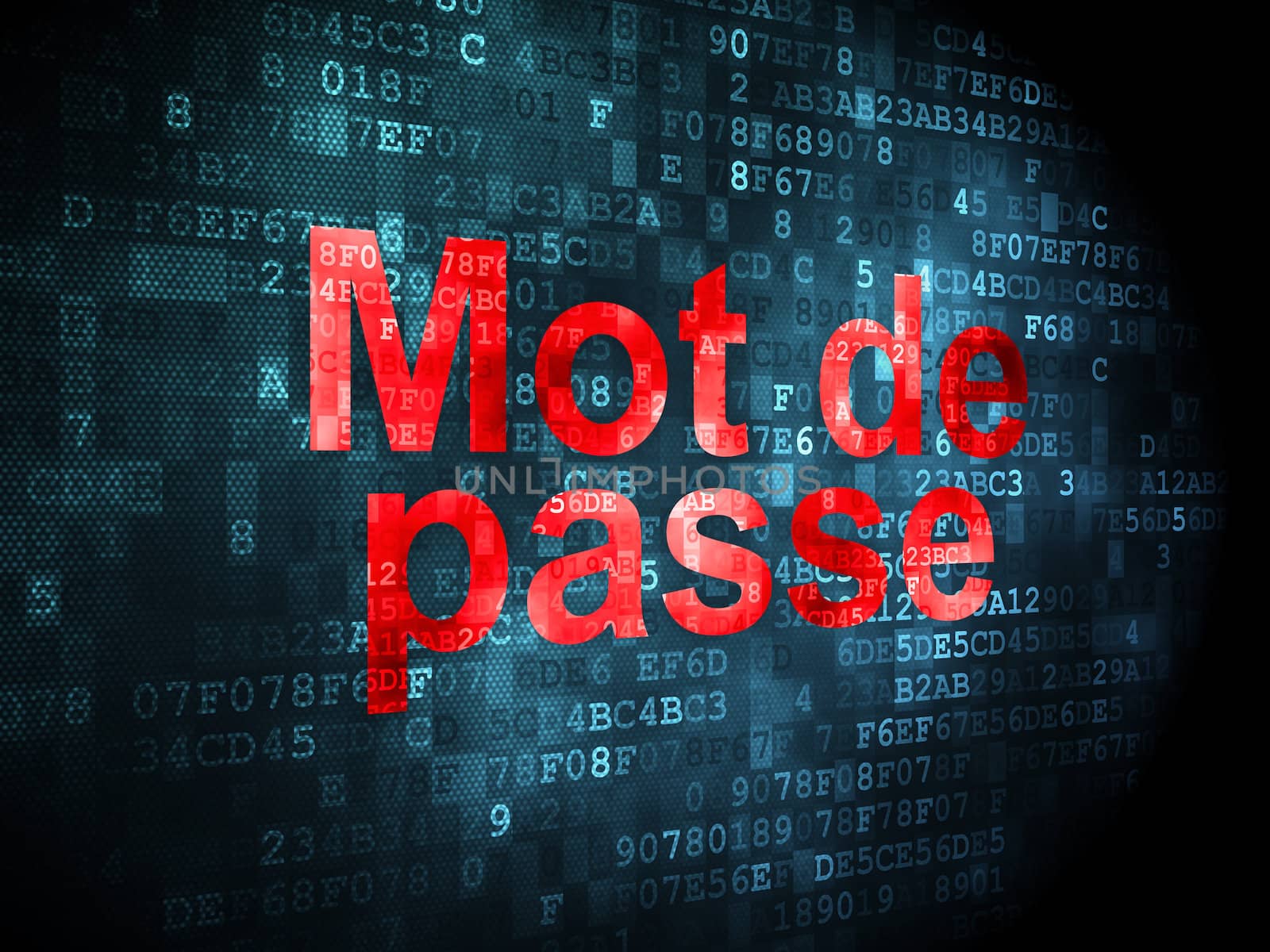 Protection concept: pixelated words Mot de Passe(french) on digital background, 3d render