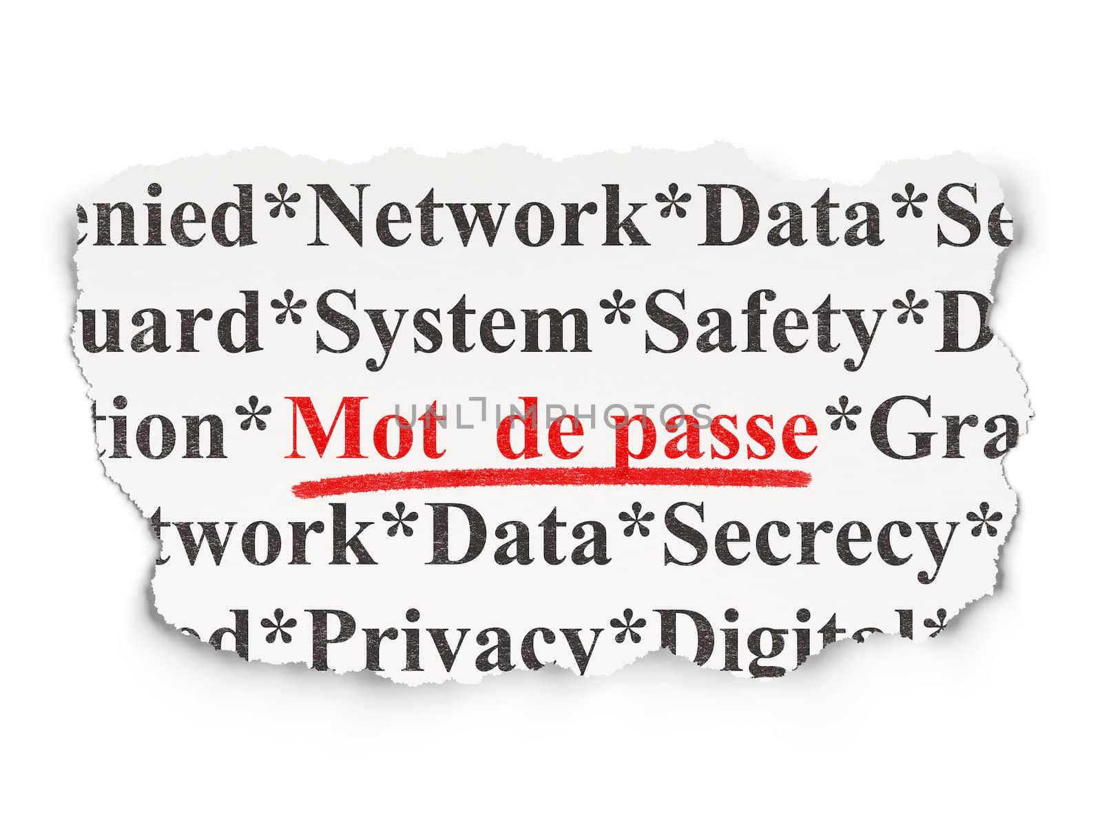 Privacy concept: torn newspaper with words Mot de Passe(french) on Paper background, 3d render