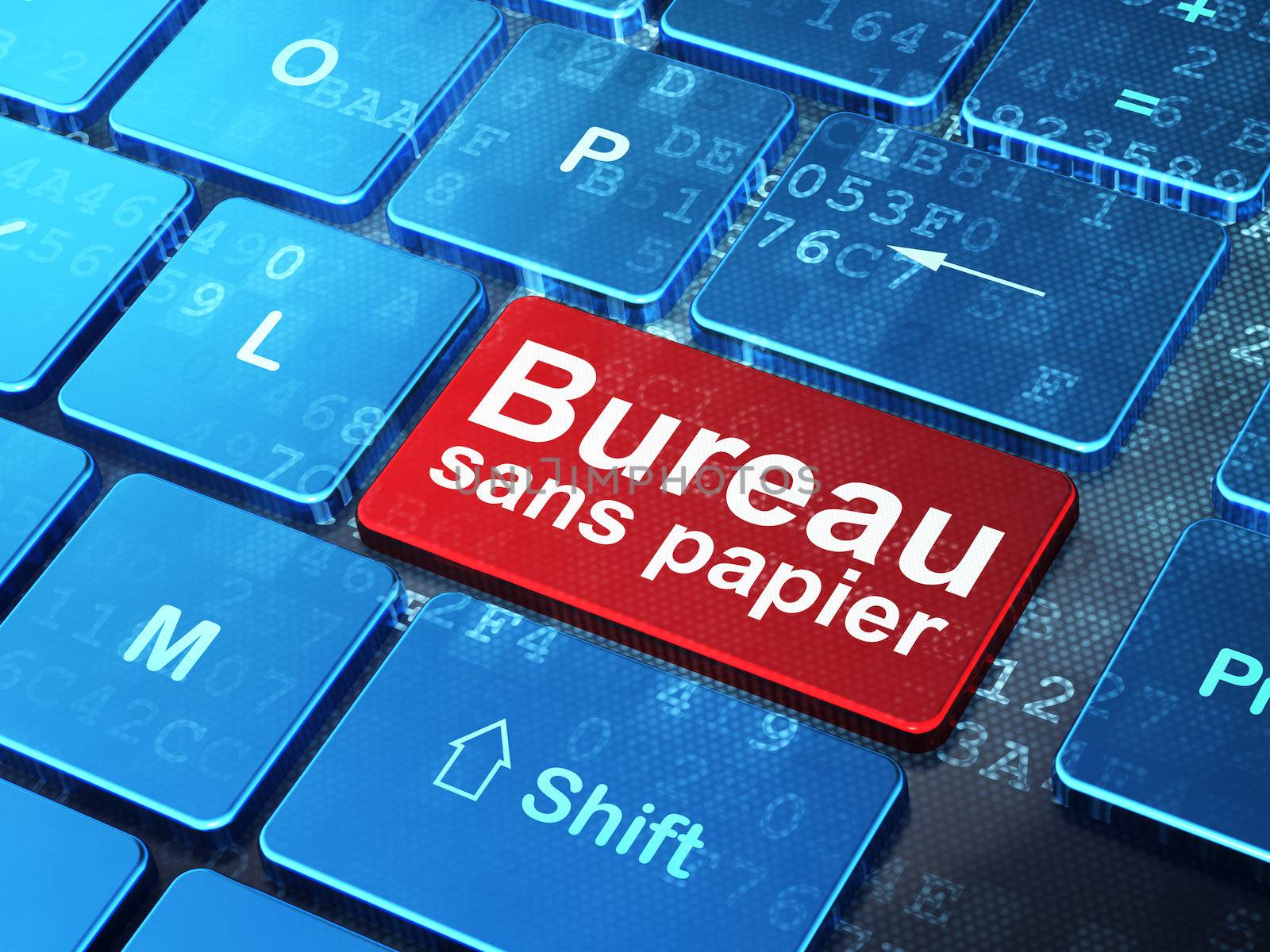 Finance concept: computer keyboard with word Bureau Sans papier(french) on enter button background, 3d render