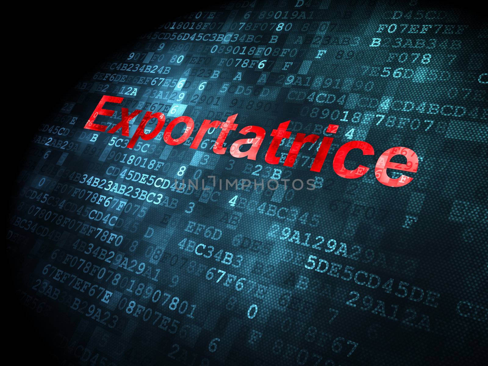 Finance concept: pixelated words Exportatrice(french) on digital background, 3d render