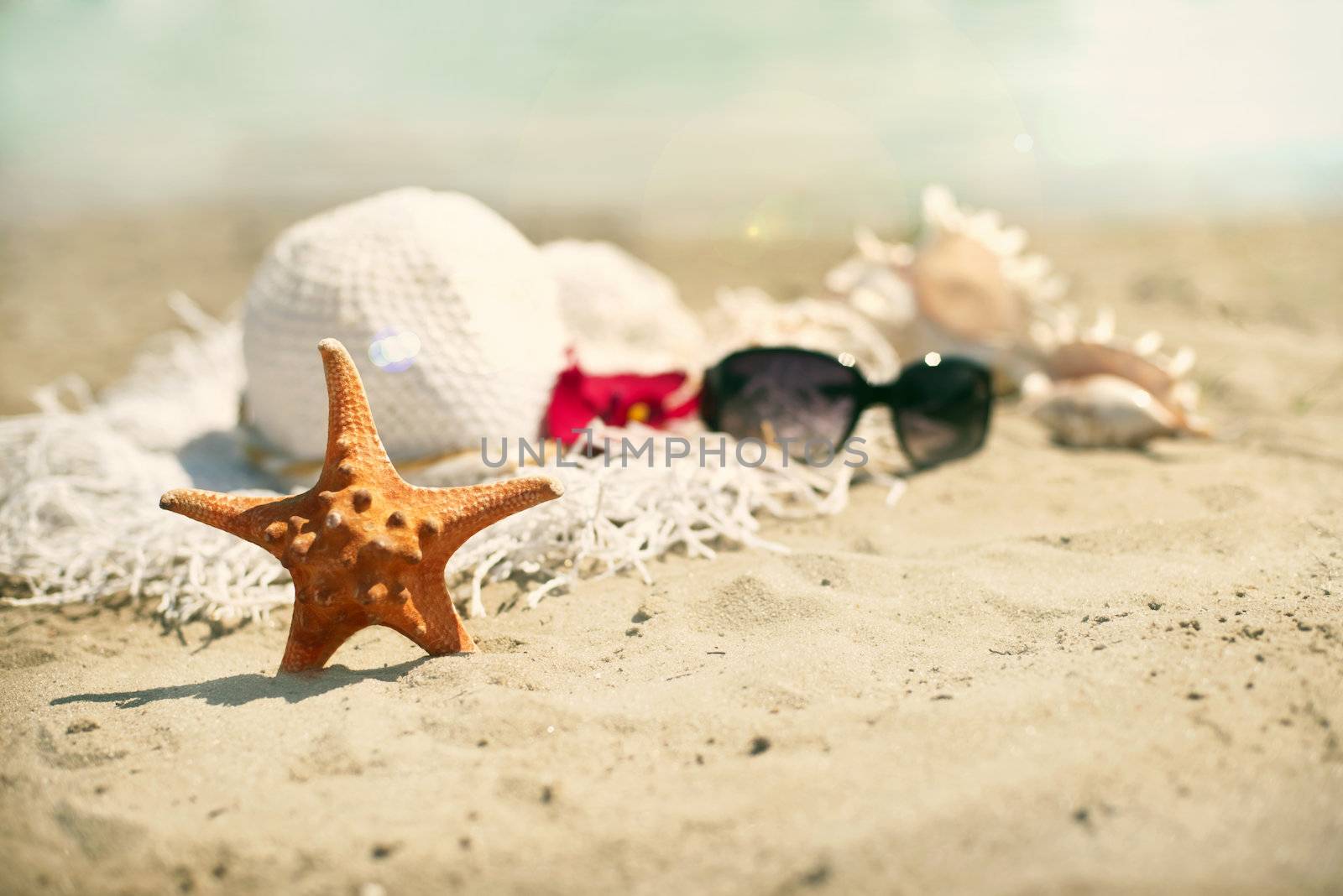 Collection of beach items - seastar, flip-flops, sunglasses and hat